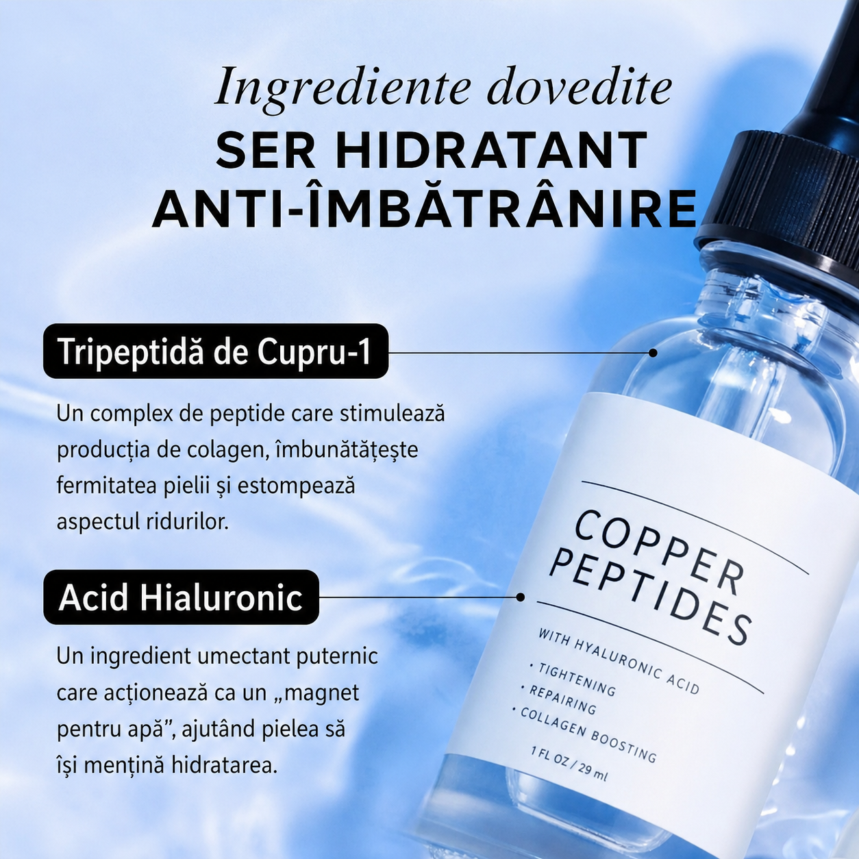 Ser Facial cu Peptide de Cupru și Acid Hialuronic